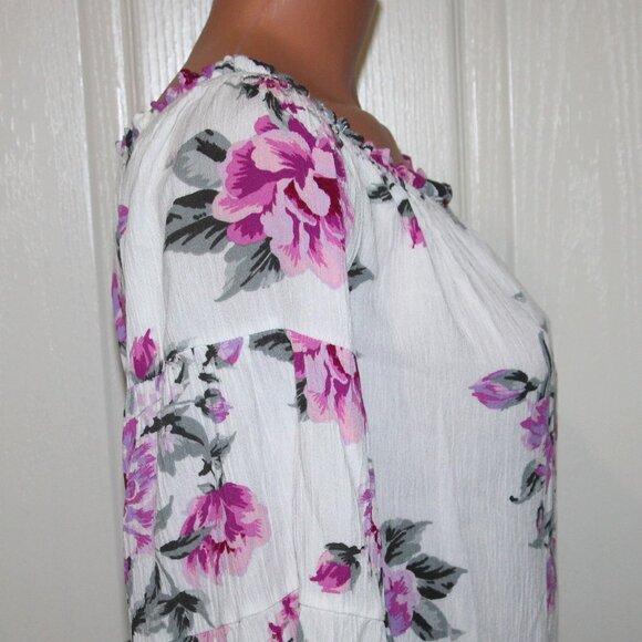 LN! Pretty Feminine Pink Floral OTS Crinkled Flare Sleeve BOHO Peasant Blouse - Picture 4 of 10